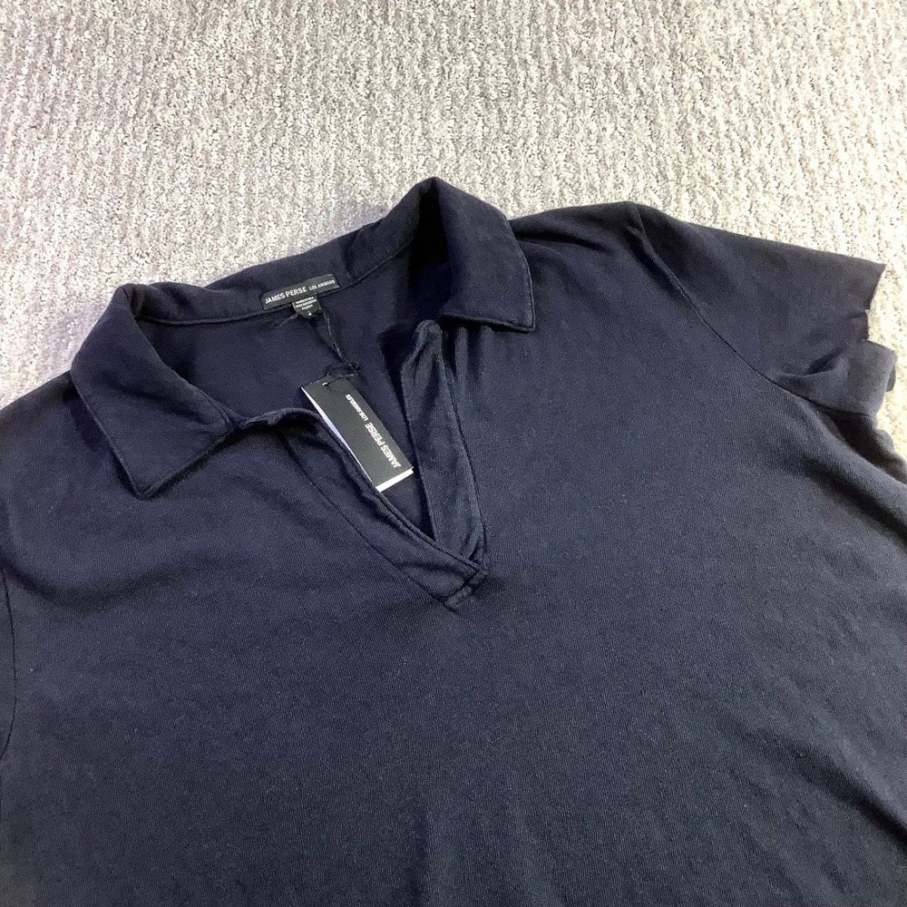 James Perse Womens Navy Blue Cotton V Neck Polo Shirt Size 2 NWT